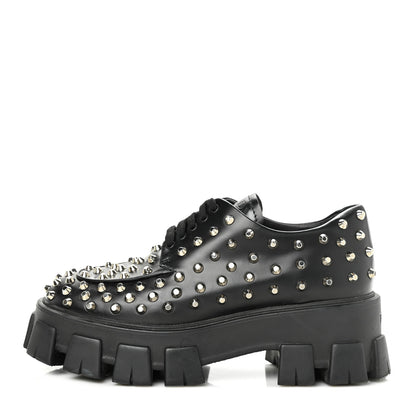 Prada Spazzolato Rois Studded Lace Up Monolith 55mm Derby Loafers 37.5 Black 1 of 8