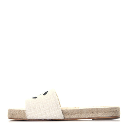 Chanel Tweed Grosgrain CC Espadrille Slip On Sandals 37 White Black 1 of 9