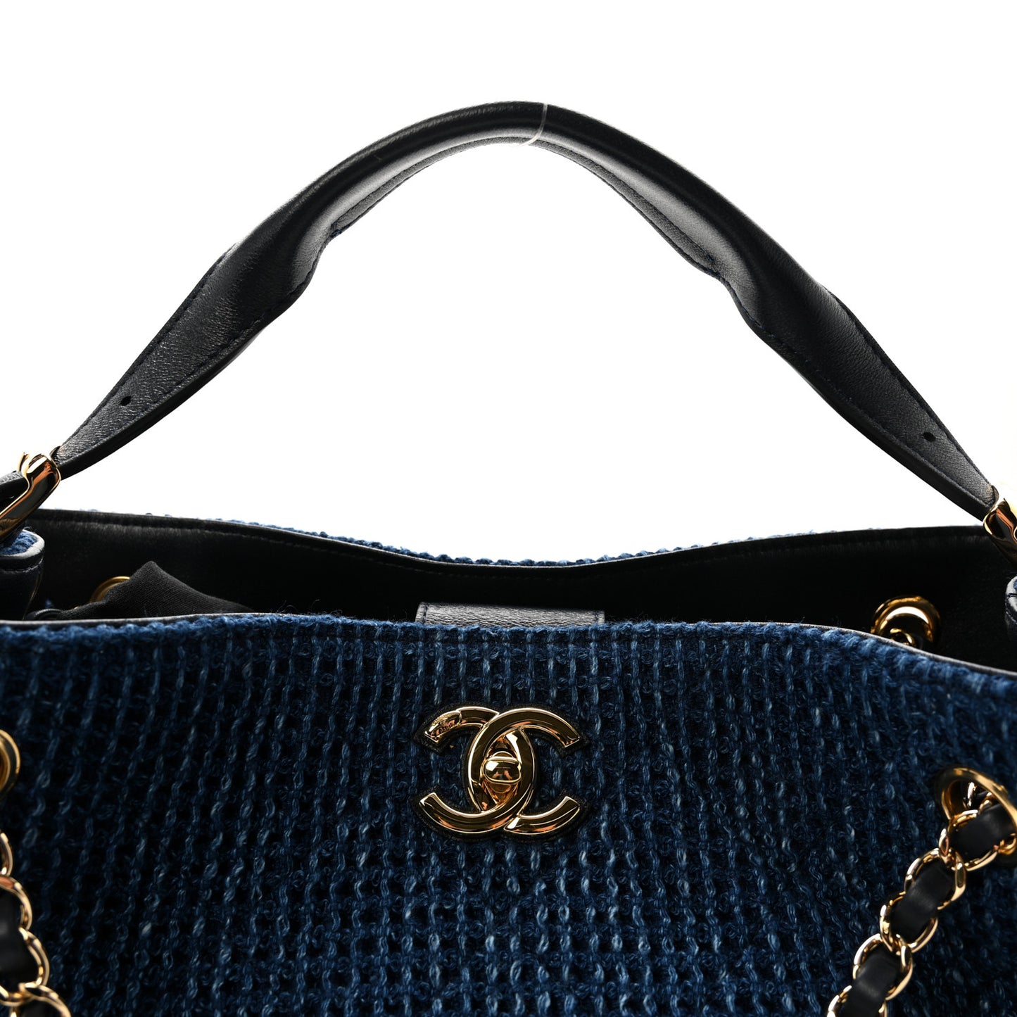 Tweed Shiny Lambskin Quilted Coco Base Small Shopping Bag Dark Blue