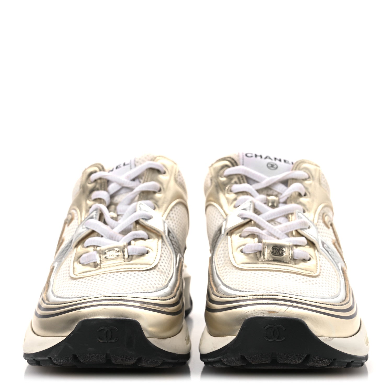 Chanel Fabric Laminated Calfskin Stretch CC Womens Sneakers 40 White Gold Silver 3 of 13