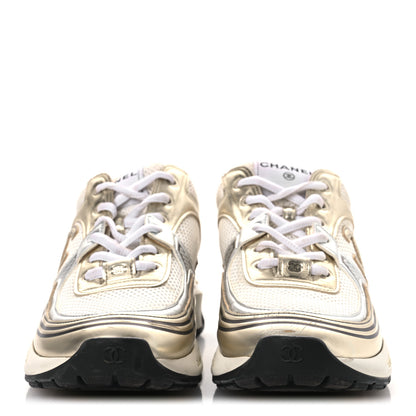 Chanel Fabric Laminated Calfskin Stretch CC Womens Sneakers 40 White Gold Silver 3 of 13