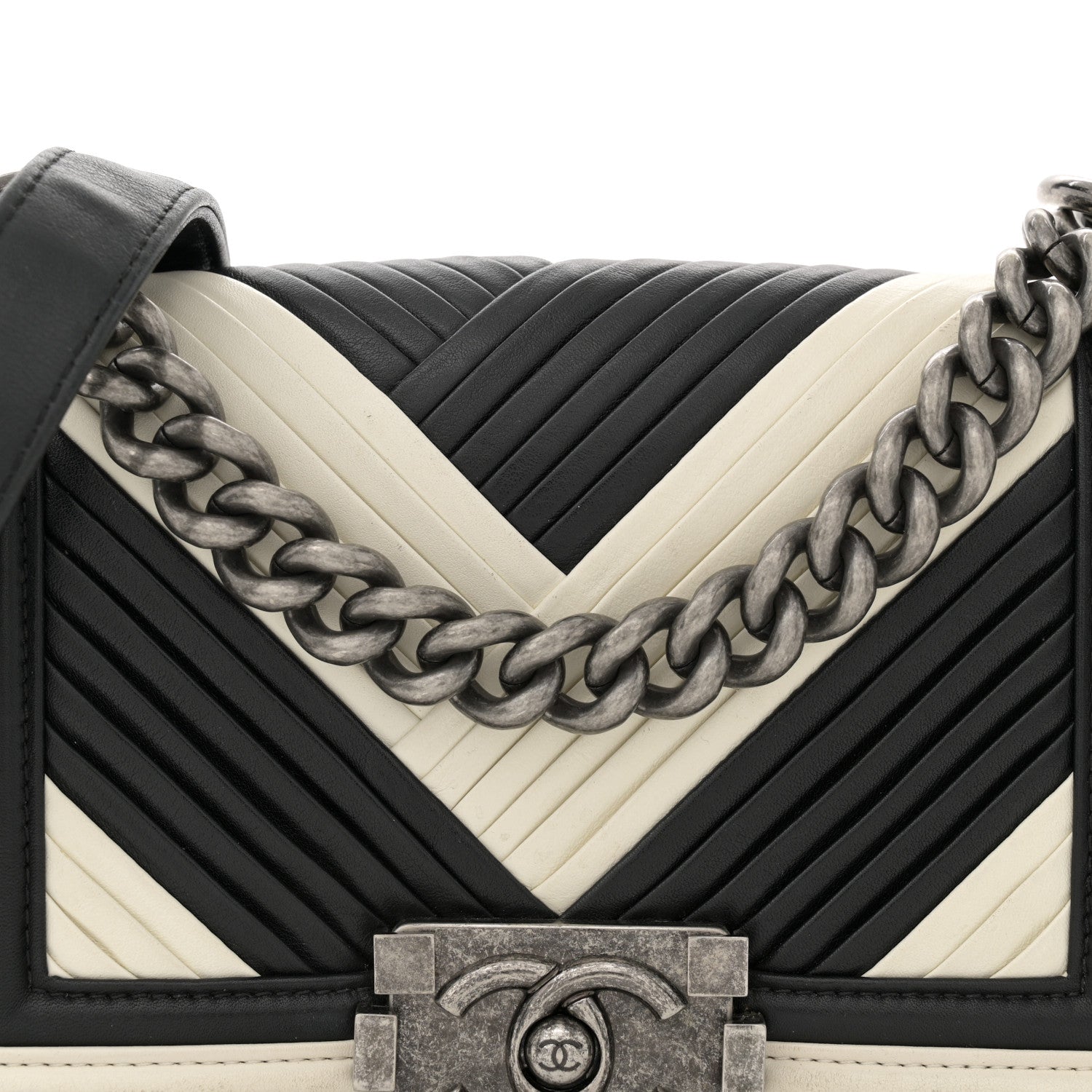 Chanel Calfskin Pleated Small Boy In Rome Flap Black White 8 of 15
