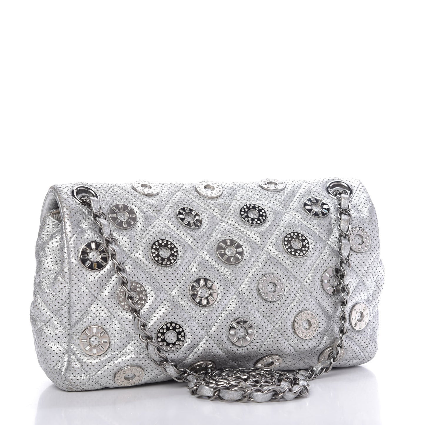 Metallic Lambskin Perforated Quilted Medium CC Medals Flap Silver