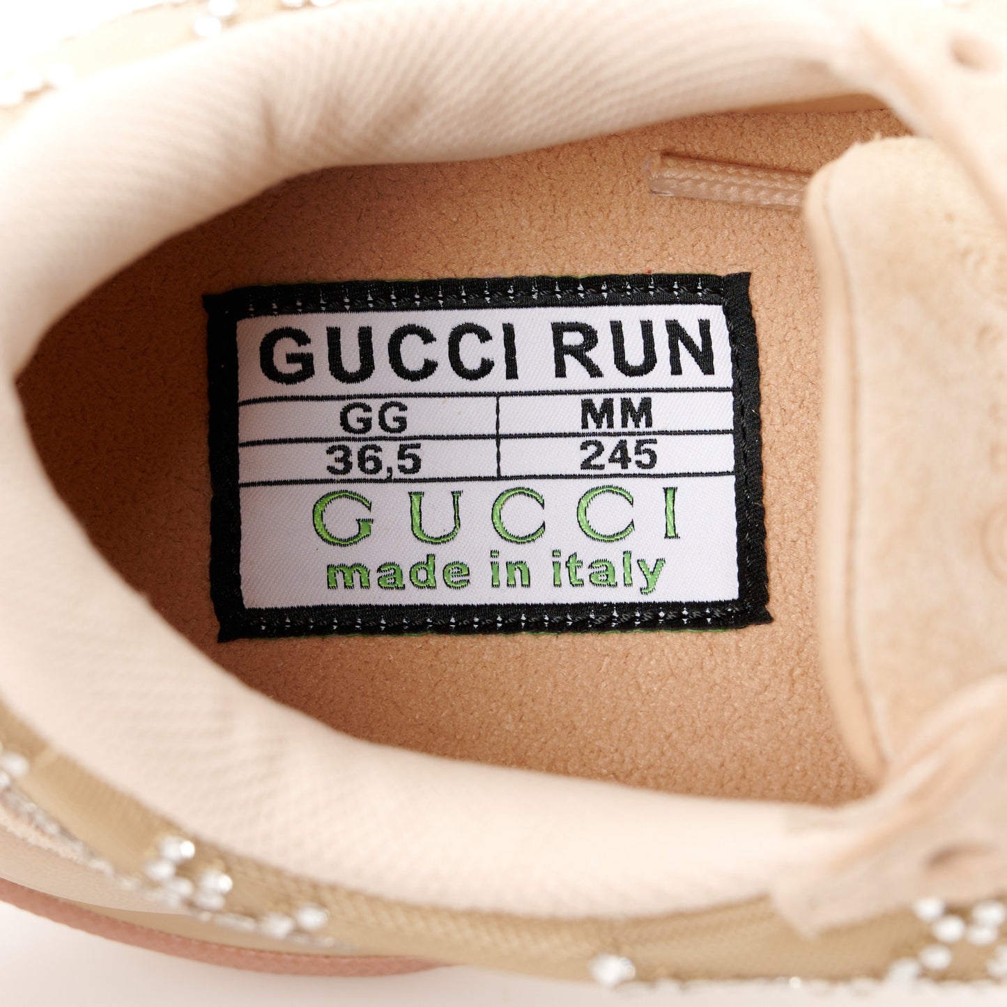 Tela Retino Mesh Crystal Suede GG Monogram Womens Gucci Run Sneakers 36.5 Light Powder Skin Rose Silver