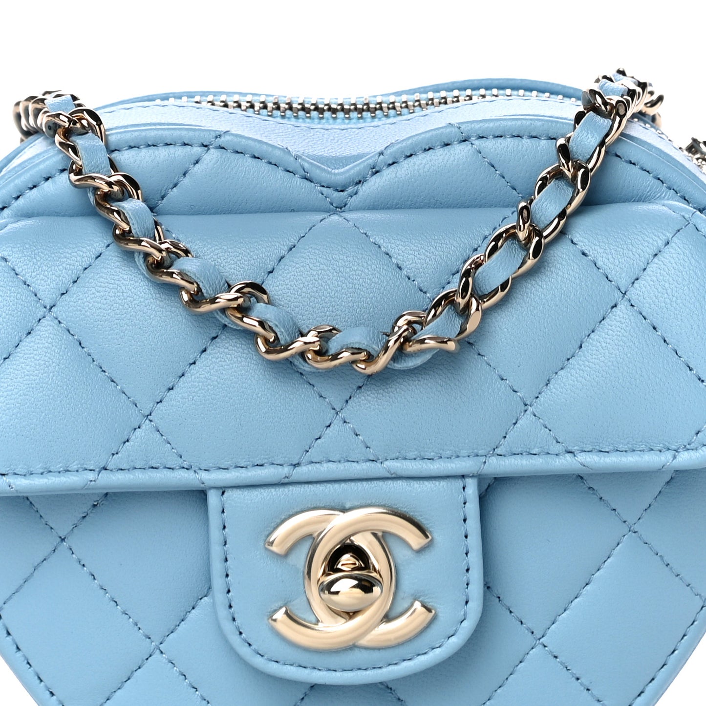 Lambskin Quilted CC In Love Heart Clutch With Chain Light Blue
