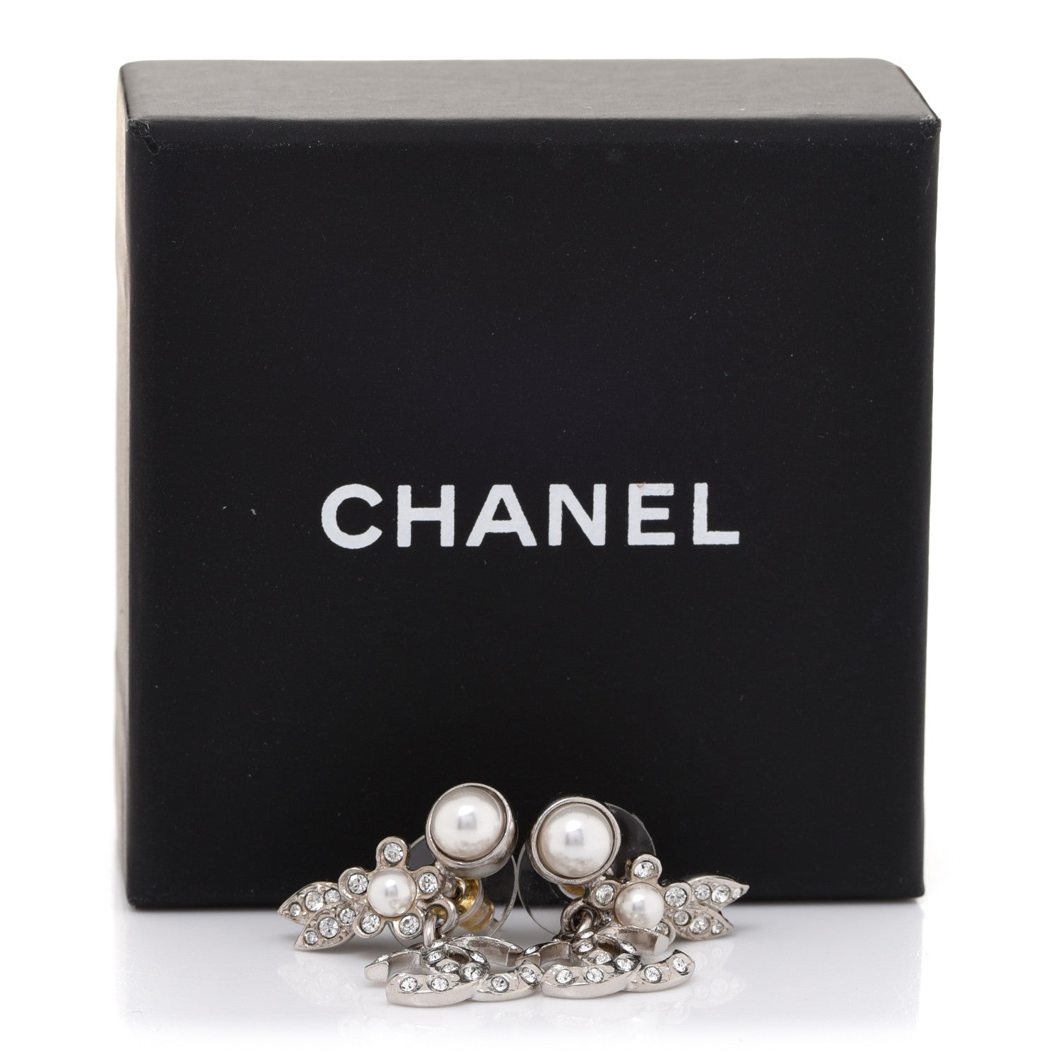 Chanel Crystal Pearl CC Leaf Earrings Silver 5 of 5