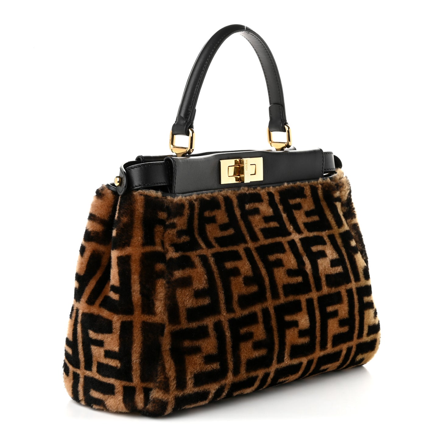 Shearling Vitello Vernice Mou Pequin Striped Medium Peekaboo Iconic Satchel Tobacco Black