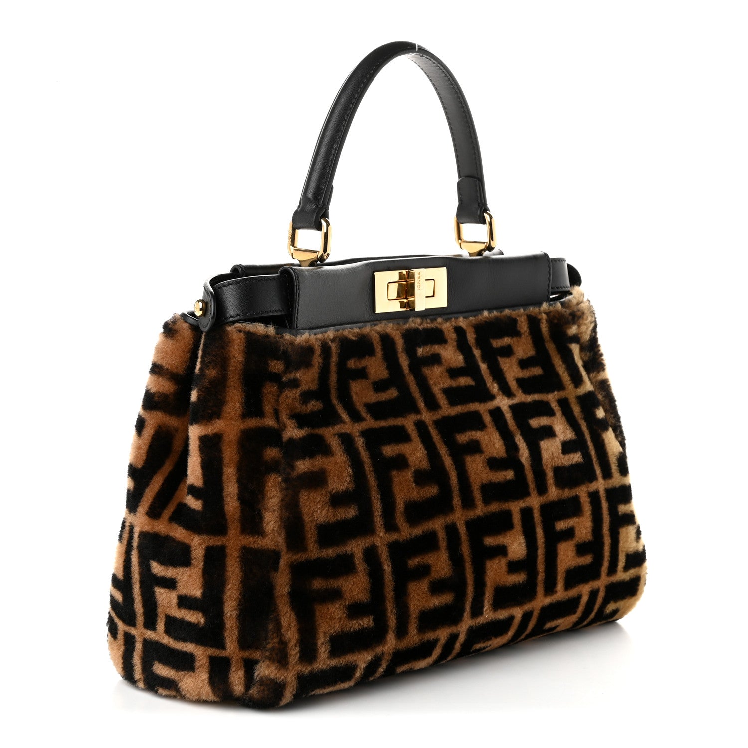 Fendi Shearling Vitello Vernice Mou Pequin Striped Medium Peekaboo Iconic Satchel Tobacco Black 2 of 11