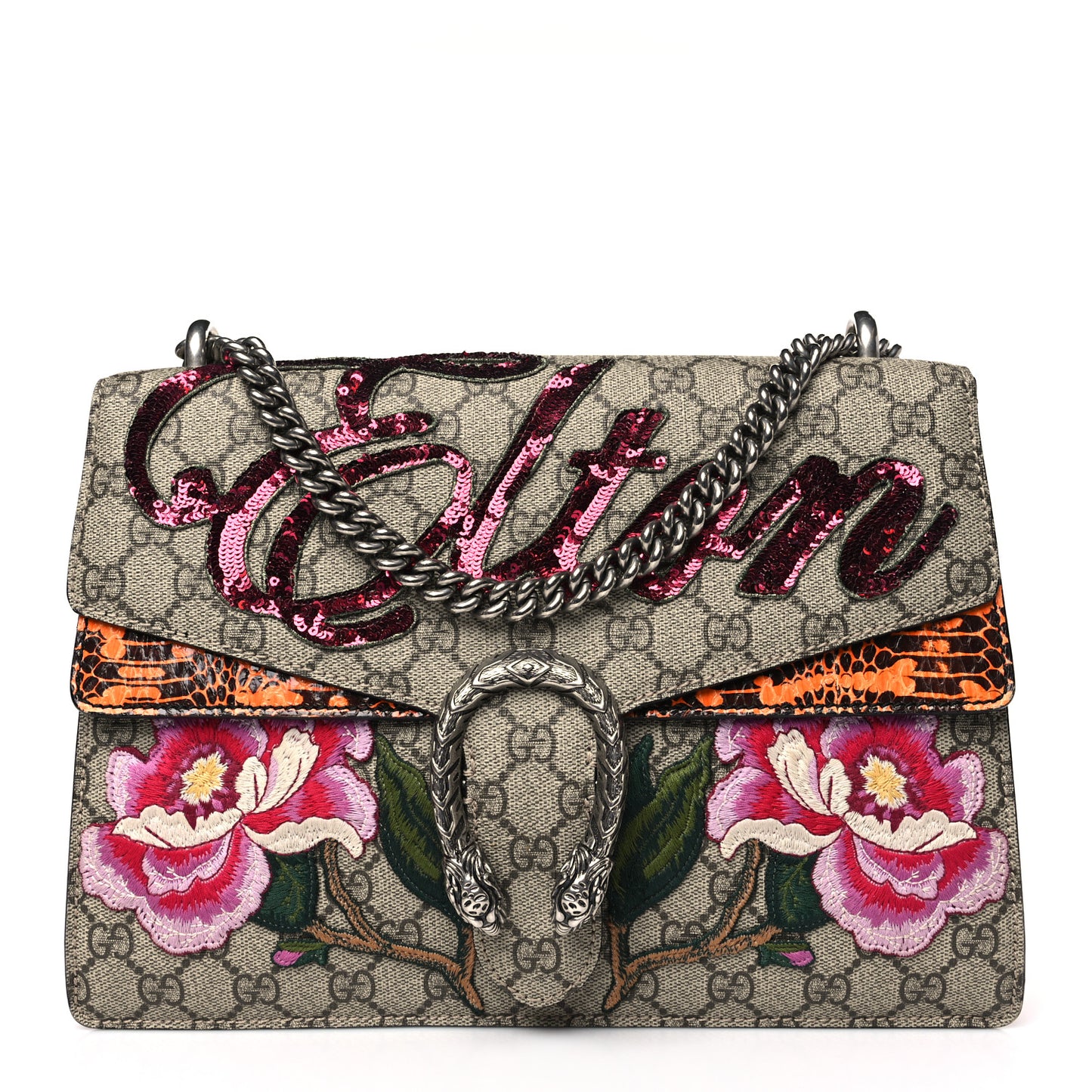 GG Supreme Monogram Snakeskin Elton Embroidered Medium Dionysus Shoulder Bag Beige Orange