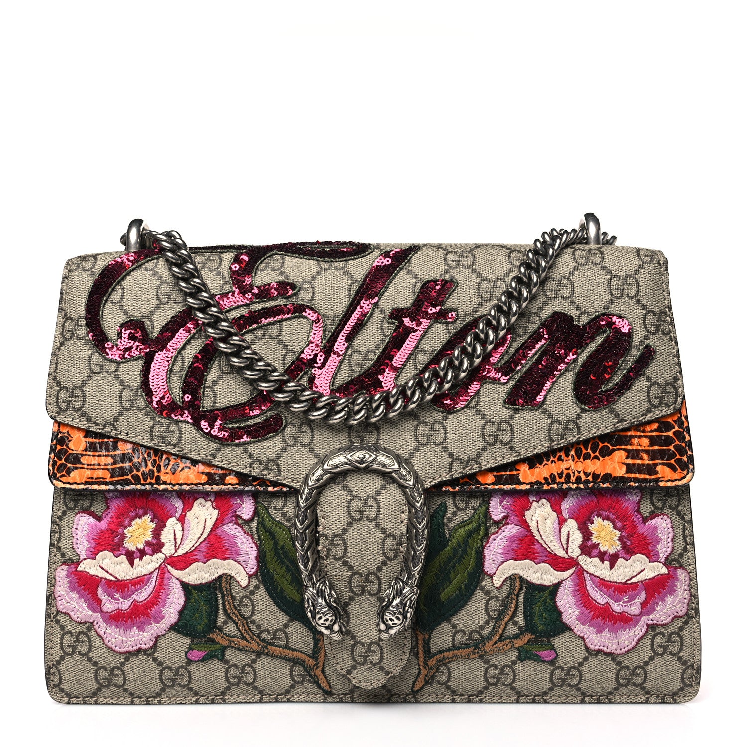 Gucci GG Supreme Monogram Snakeskin Elton Embroidered Medium Dionysus Shoulder Bag Beige Orange 1 of 9