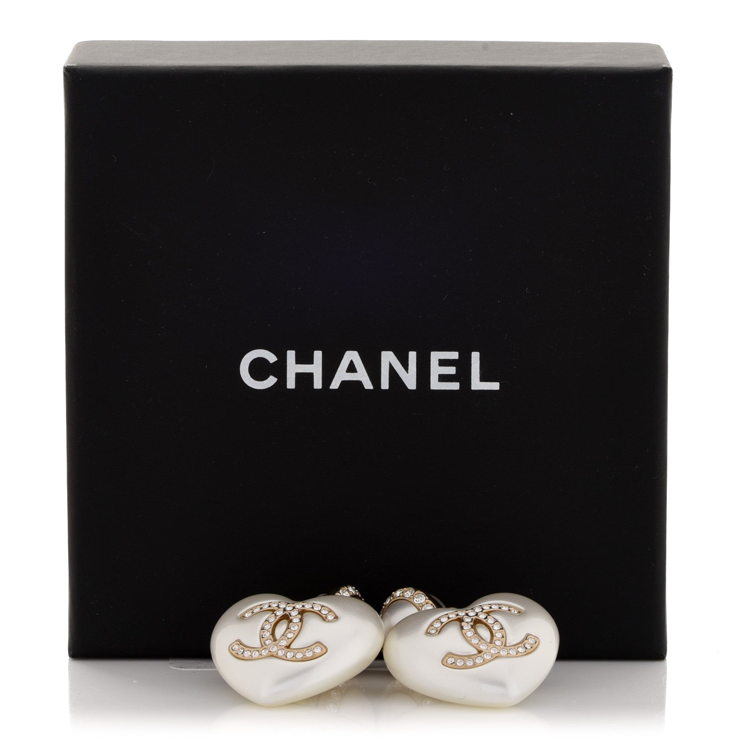 Chanel Pearl Crystal CC Heart Drop Earrings Gold 5 of 5