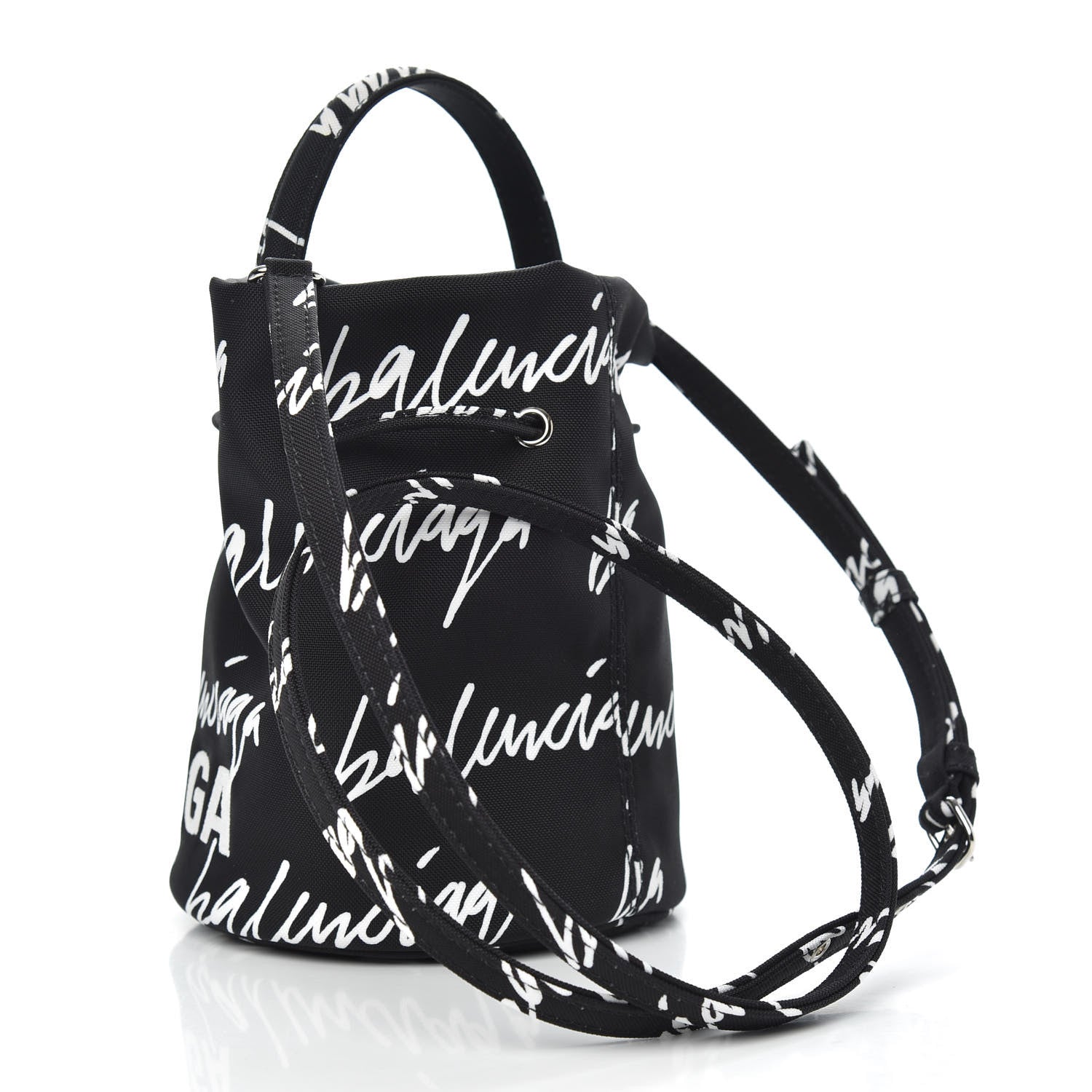 Balenciaga Recycled Sport Nylon Scribble Logo Embroidered Wheel Drawstring Bucket Bag XS Black White 3 of 8