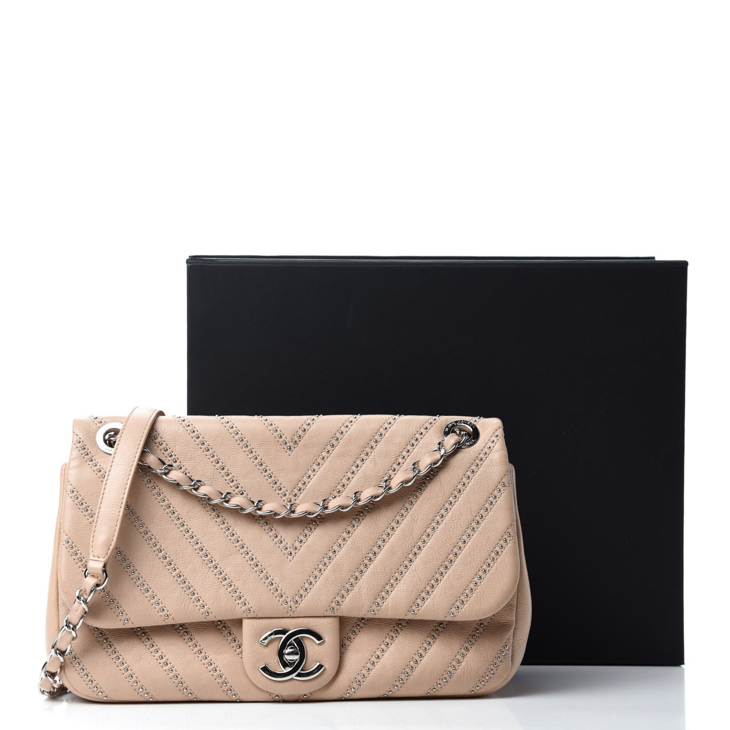 Calfskin Studded Chevron Quilted Medium Wars Flap Beige