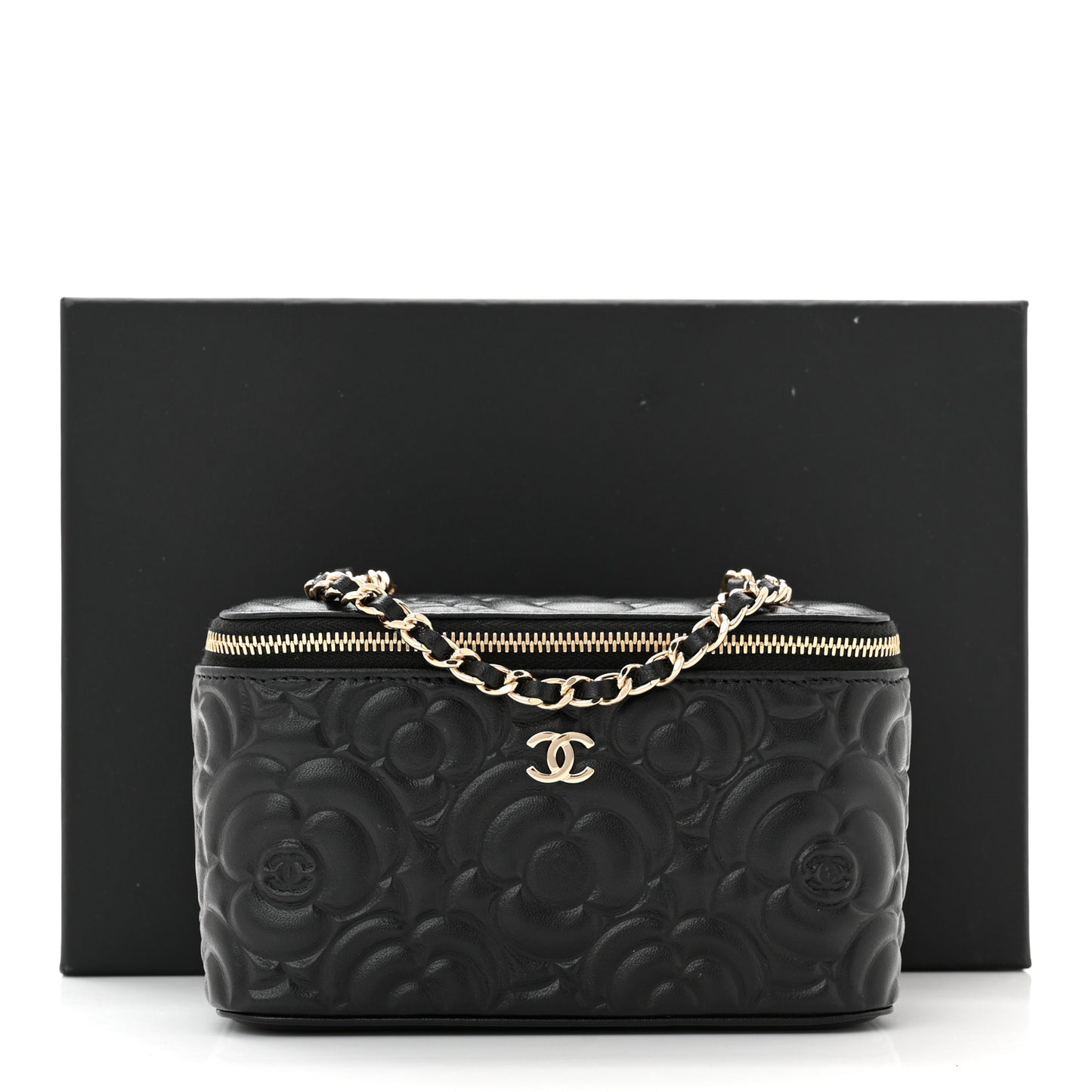 Lambskin Camellia Embossed Small Vanity Case With Chain Black