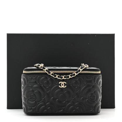 Chanel Lambskin Camellia Embossed Small Vanity Case With Chain Black 10 of 10