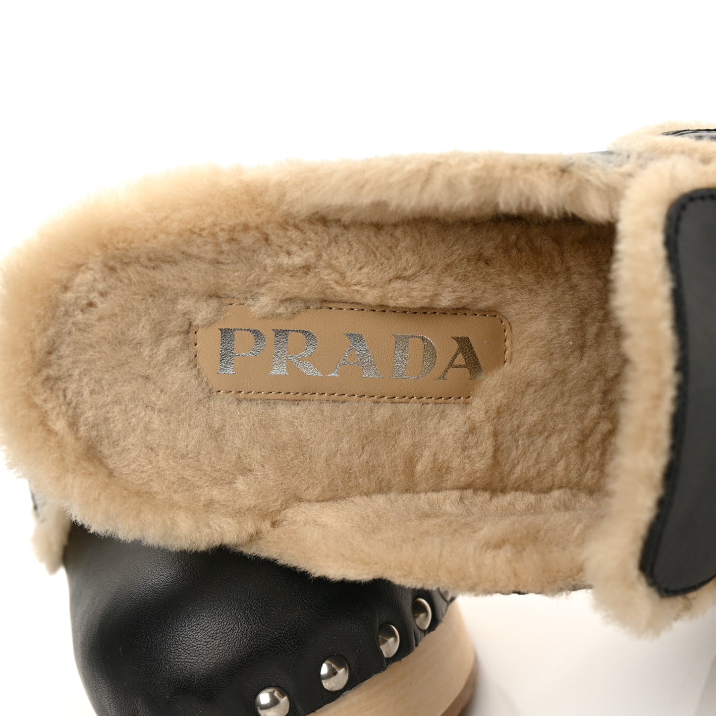 Natural Calfskin Shearling Metal Triangle Logo 45mm Clogs 40 Black Sabbia