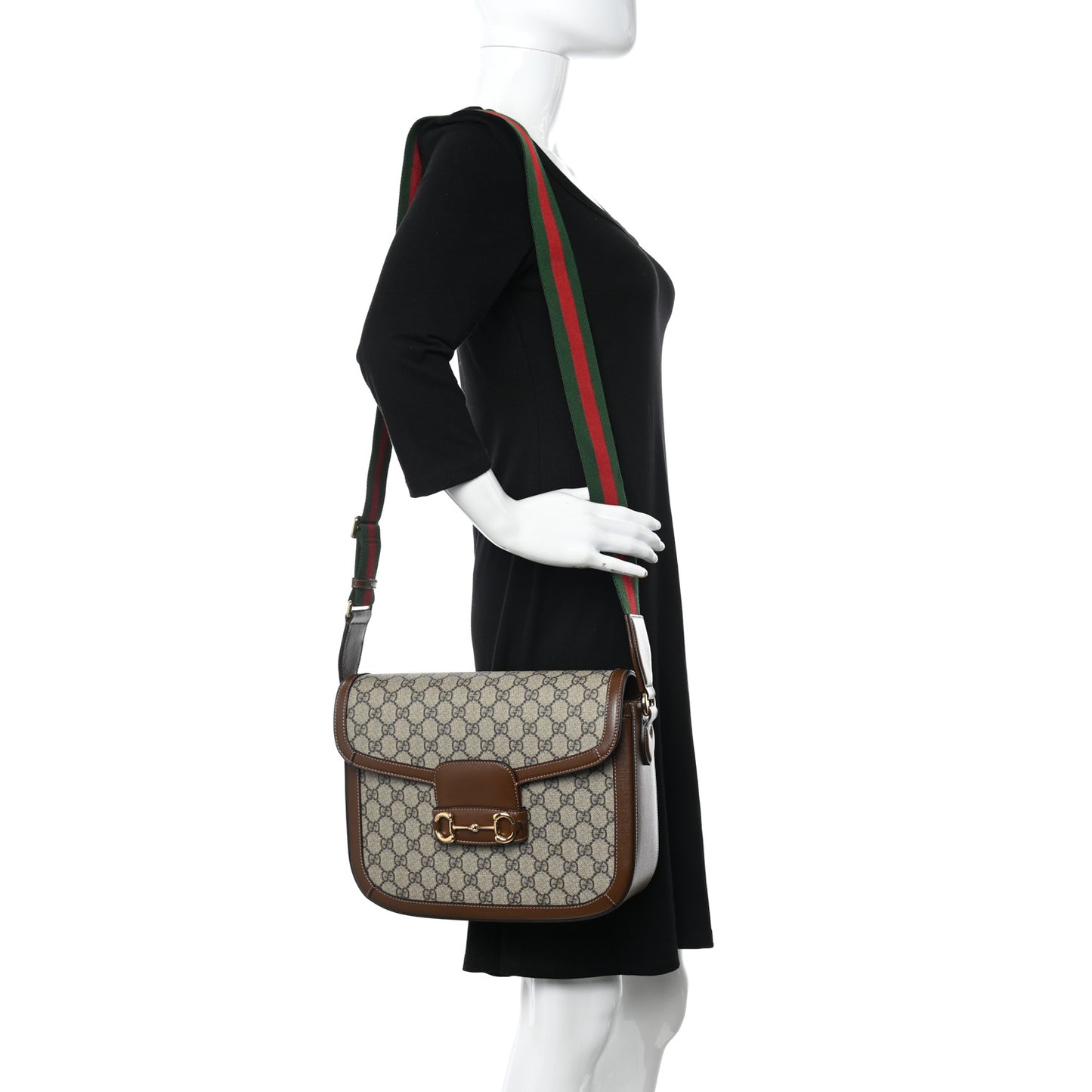 GG Supreme Monogram Azalea Calfskin Web Medium Horsebit 1955 Shoulder Bag Beige Ebony Brown Sugar