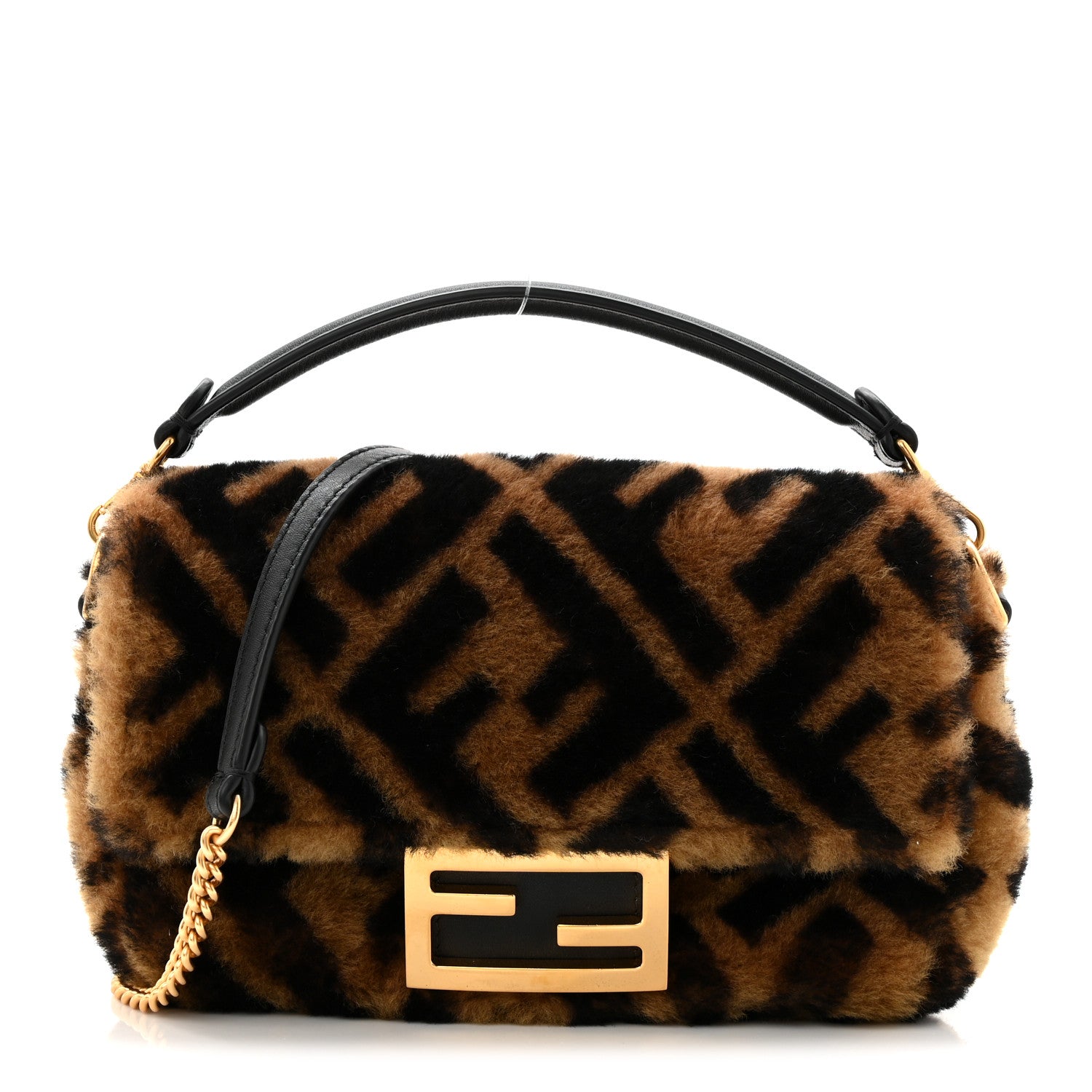 Fendi Shearling Vitello Dolce Macro FF 1974 Mini Baguette Tobacco Black 1 of 10