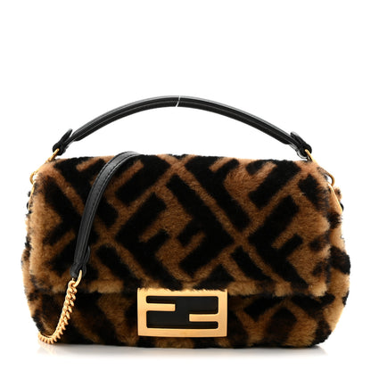Fendi Shearling Vitello Dolce Macro FF 1974 Mini Baguette Tobacco Black 1 of 10