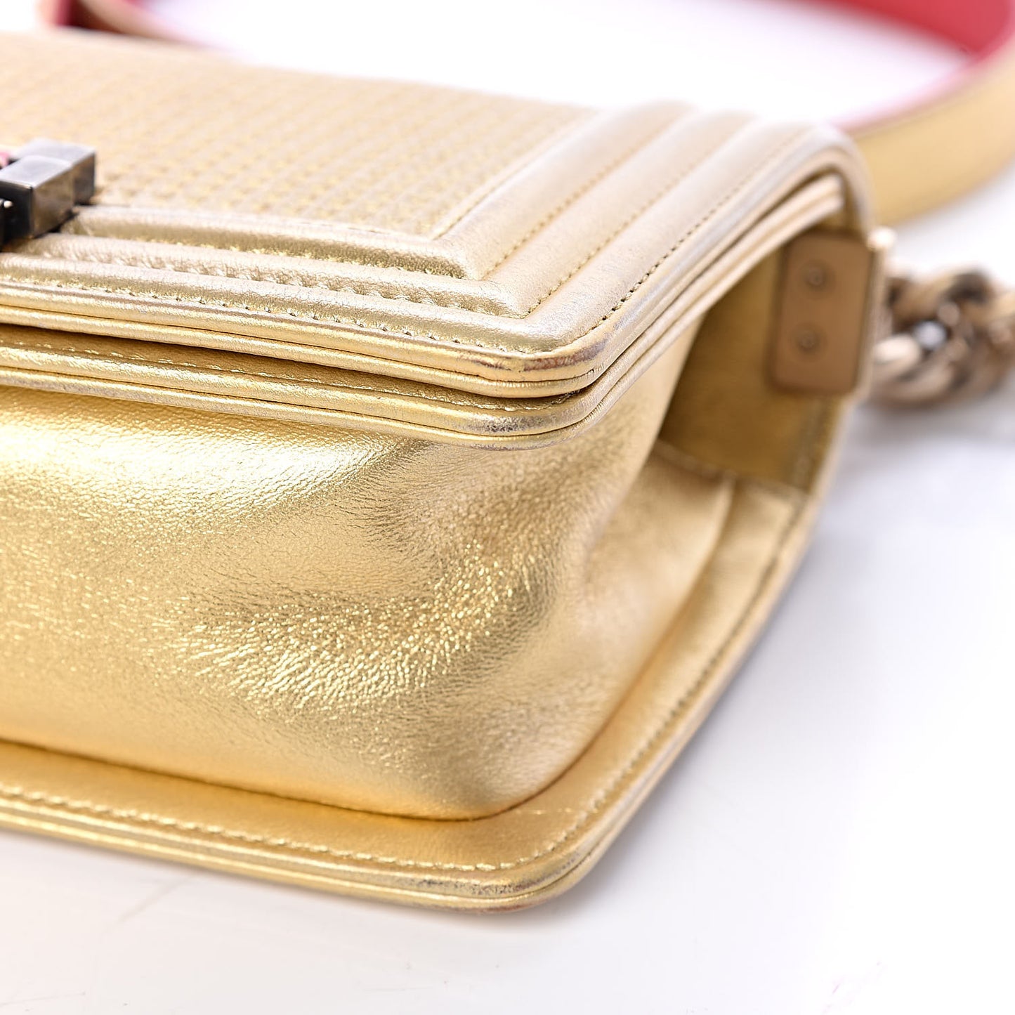 Metallic Lambskin Embossed Small Cube Boy Flap Gold