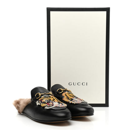 Gucci Calfskin Fur Tiger Embroidered Womens Princetown Slippers 37.5 Black 8 of 8