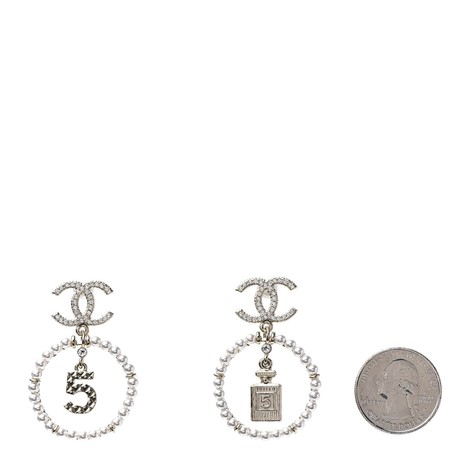 Chanel Crystal Pearl Charms CC Drop Earrings Gold 2 of 5