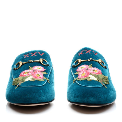 Gucci Velvet Floral Embroidered Womens Princetown Slippers 40 Pavone 2 of 10