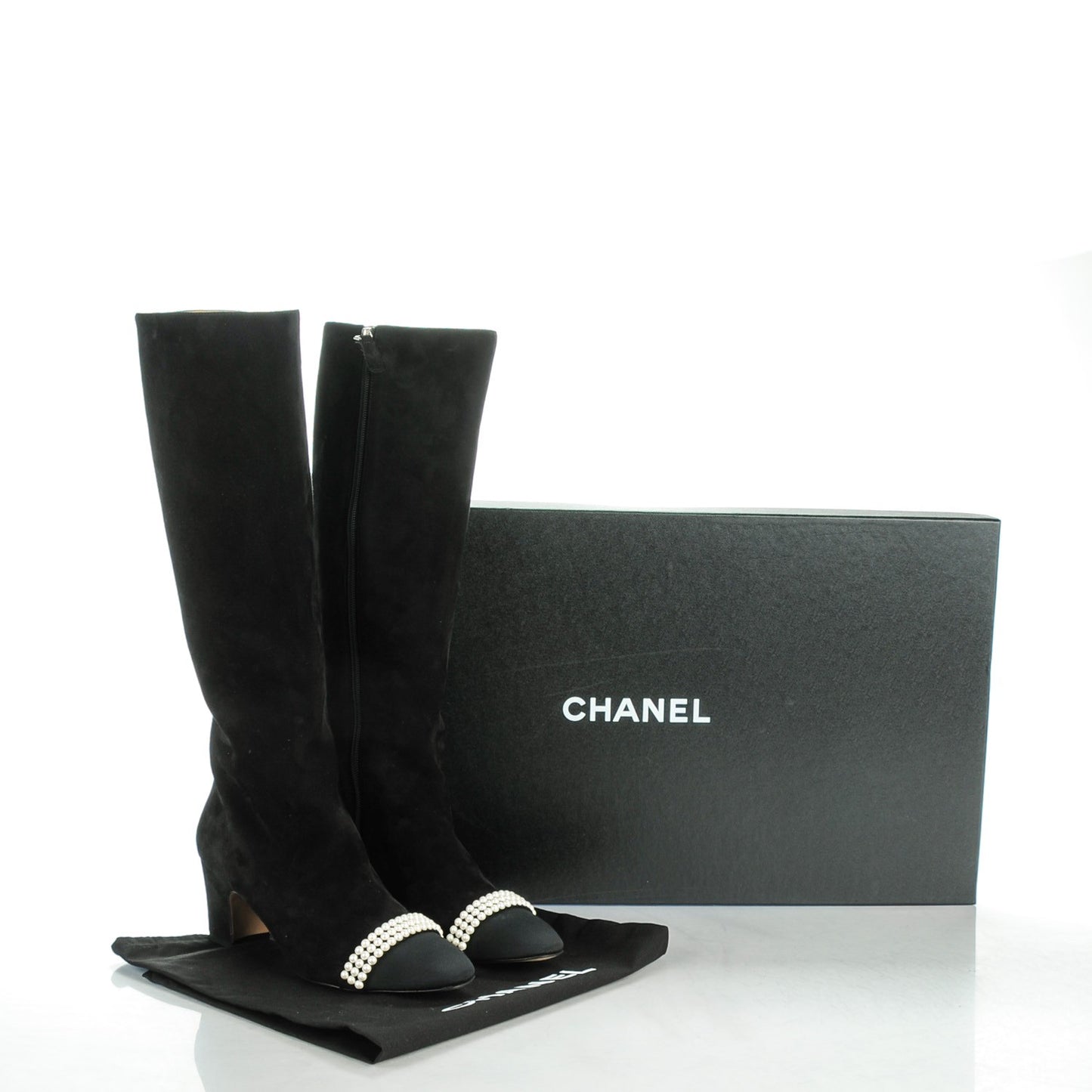 Suede Pearl Cap Toe Knee High Boots 38.5 Black