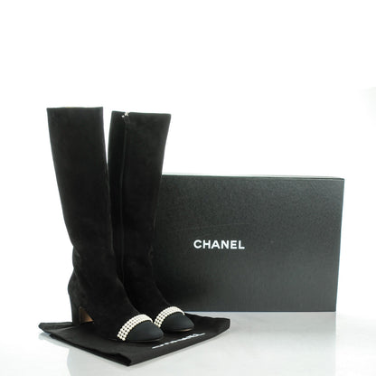 Chanel Suede Pearl Cap Toe Knee High Boots 38.5 Black 8 of 8