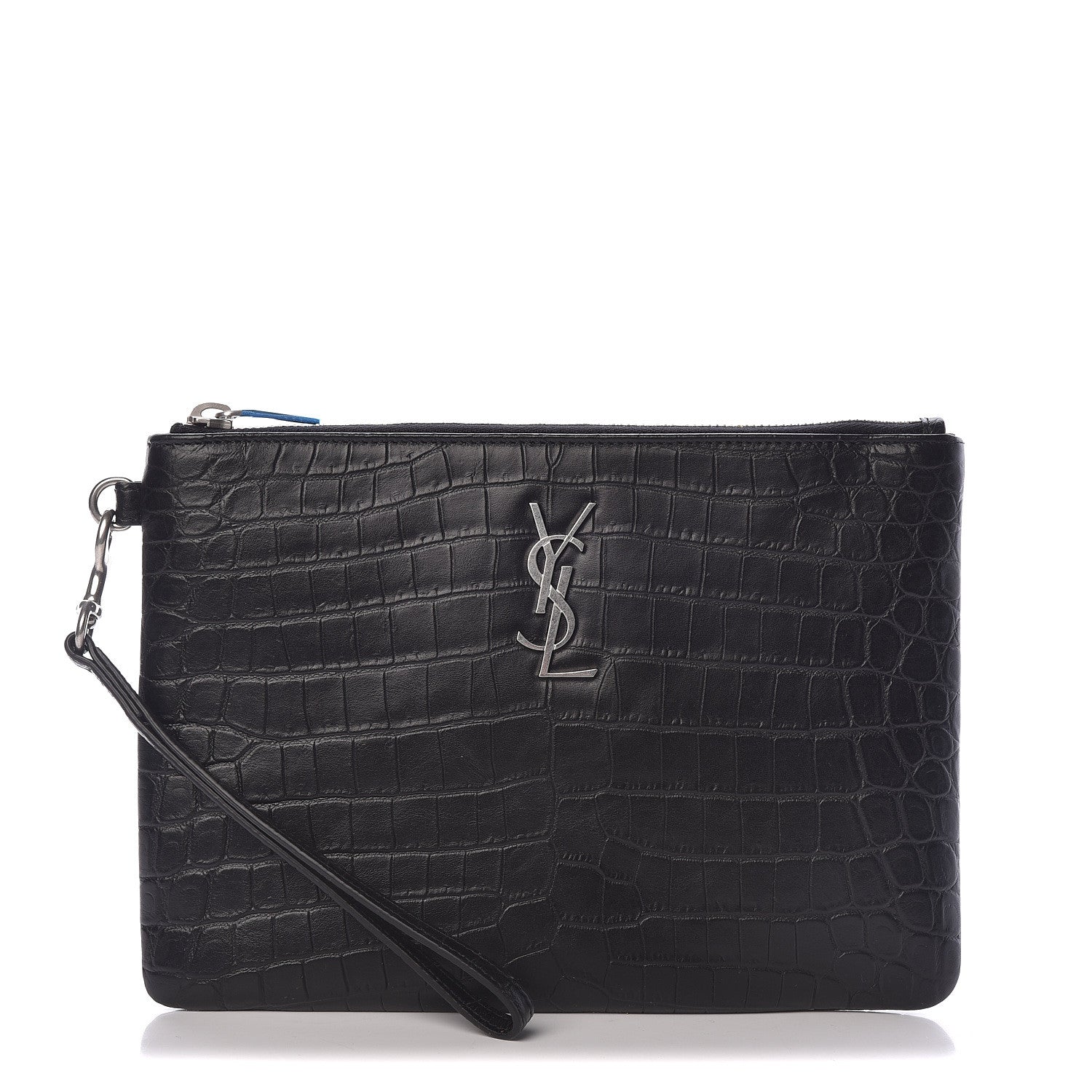 Saint Laurent Calfskin Crocodile Embossed Monogram Zip Pouch Black 1 of 8