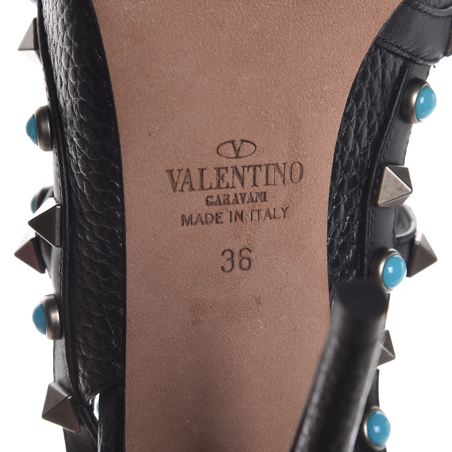 Valentino Garavani Pebbled Calfskin Turquoise Rockstud Rolling Ankle Strap 100mm Pumps 36 Black 6 of 9