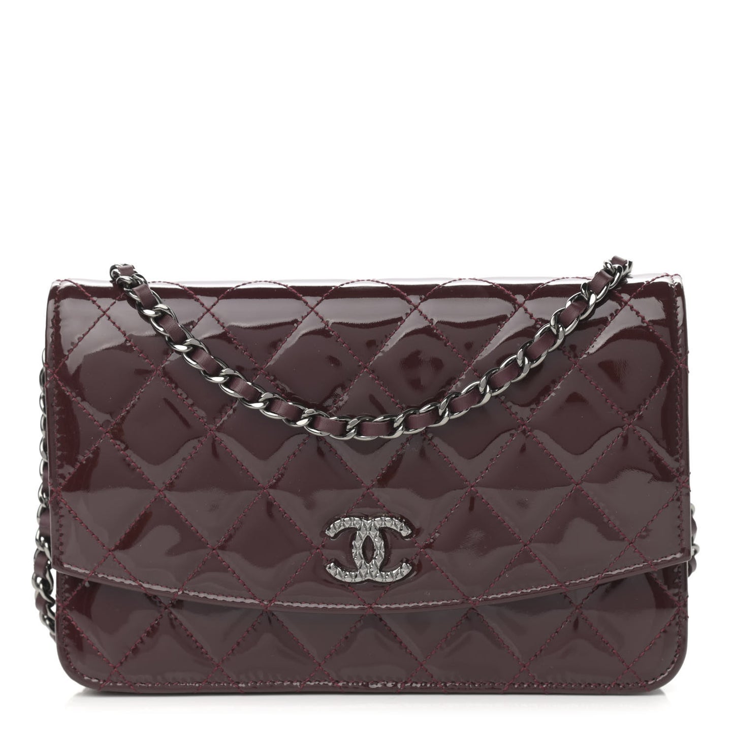 Patent Quilted Brilliant Wallet On Chain WOC Dark Burgundy