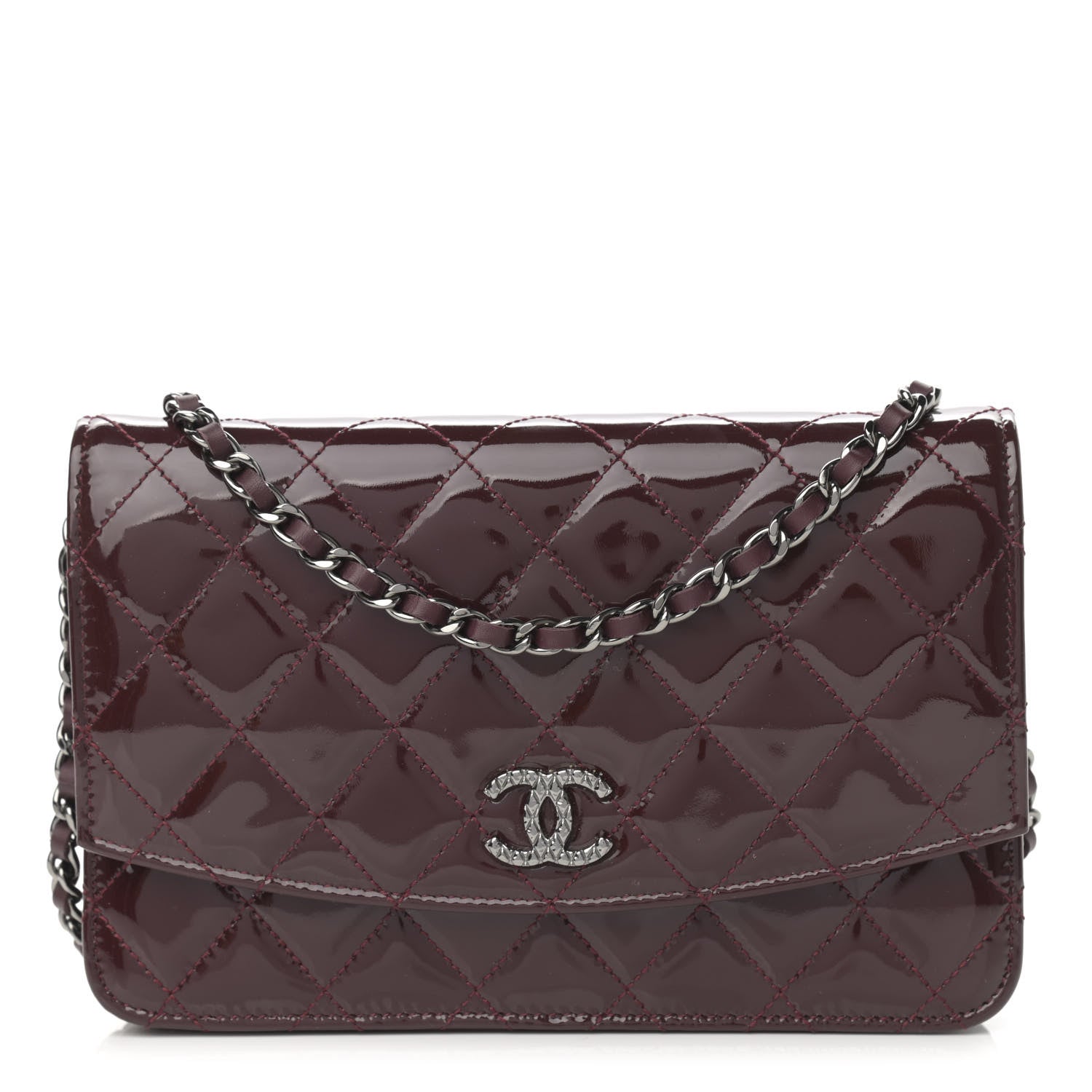 Chanel Patent Quilted Brilliant Wallet On Chain WOC Dark Burgundy 1 of 12