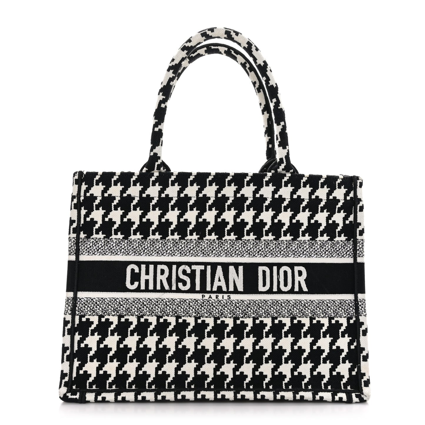 CHRISTIAN DIOR Canvas Macro Houndstooth Embroidered Medium Book Tote Black White