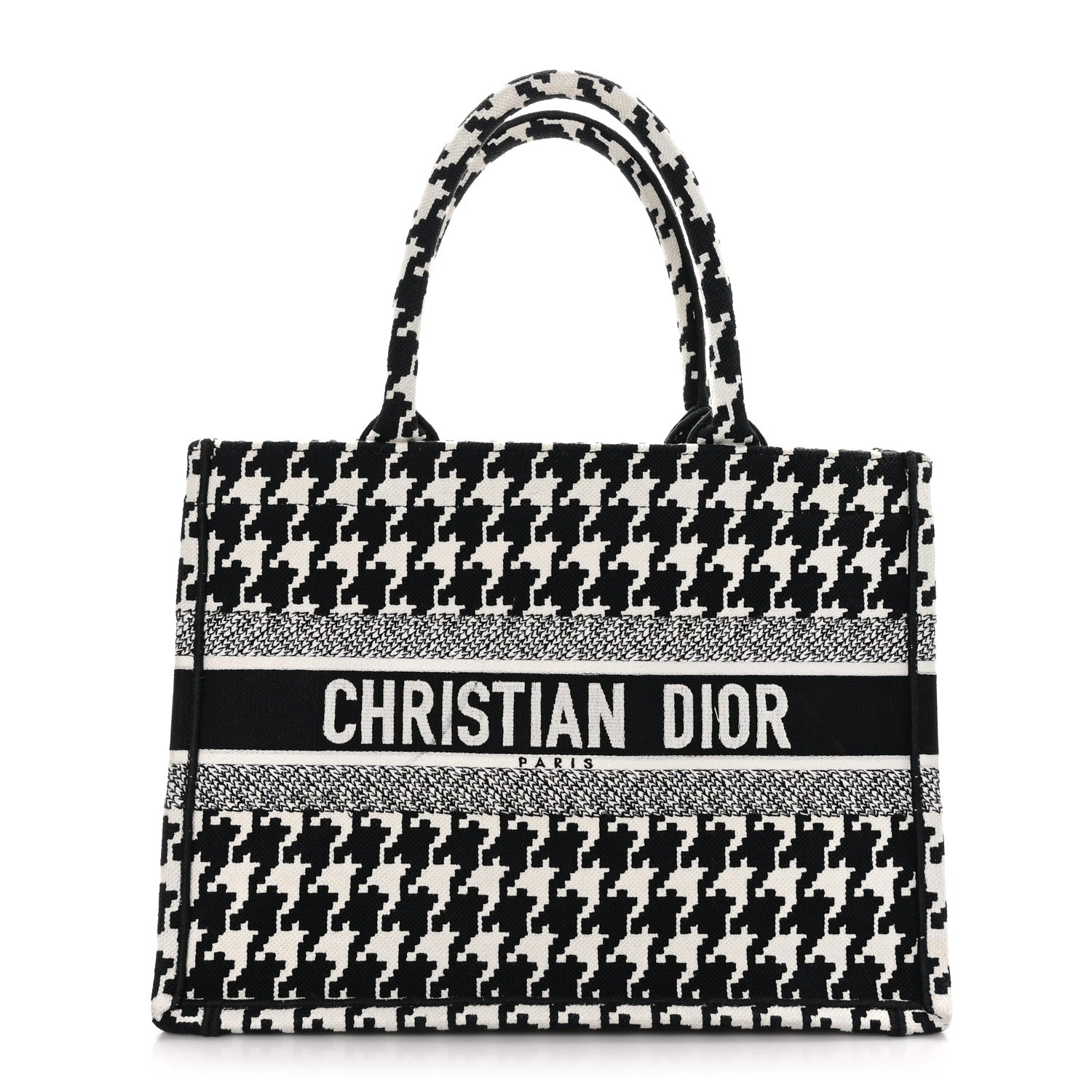 Christian Dior CHRISTIAN DIOR Canvas Macro Houndstooth Embroidered Medium Book Tote Black White 1 of 13