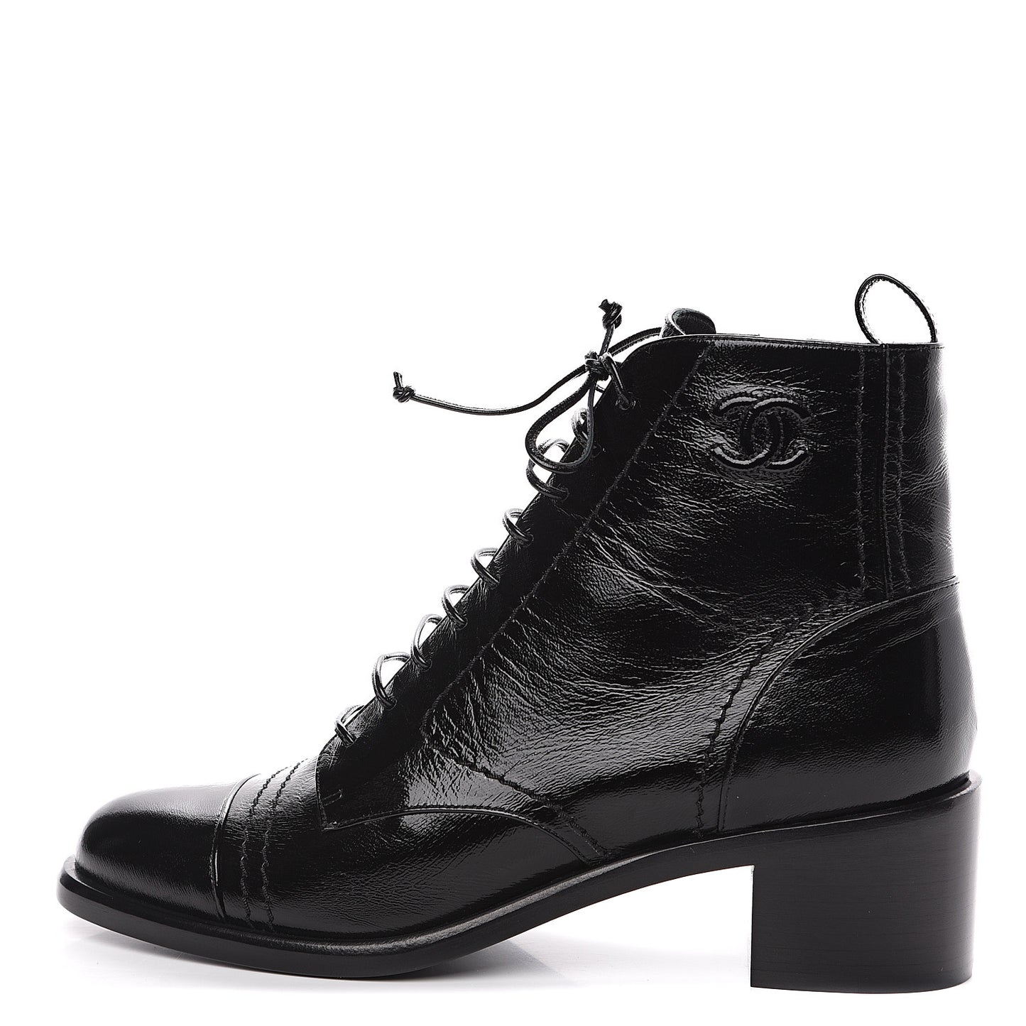 Shiny Lambskin Lace Up Combat Short Boots 38.5 Black