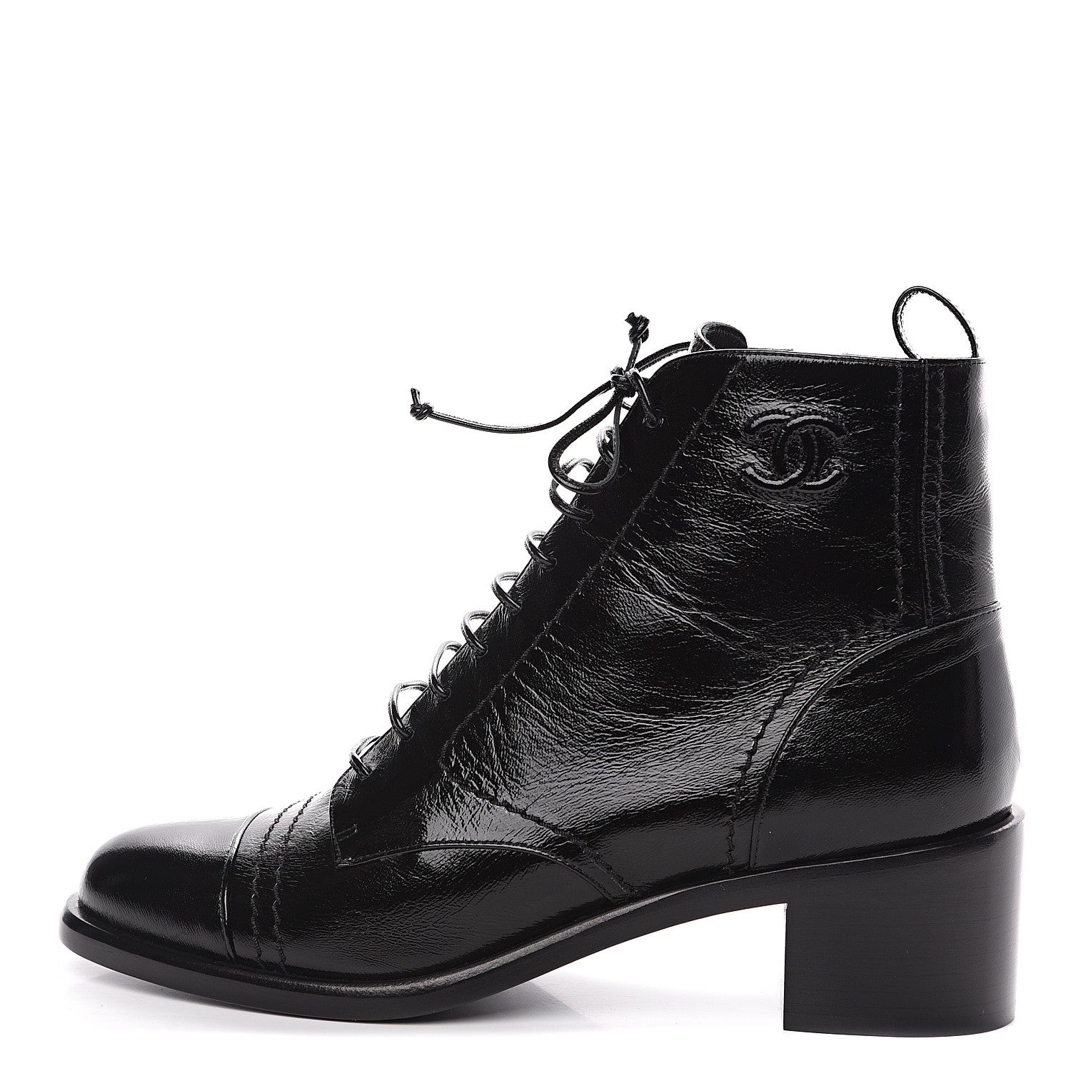 Chanel Shiny Lambskin Lace Up Combat Short Boots 38.5 Black 1 of 7