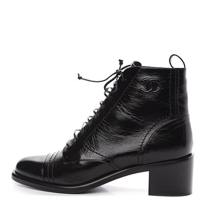 Chanel Shiny Lambskin Lace Up Combat Short Boots 38.5 Black 1 of 7