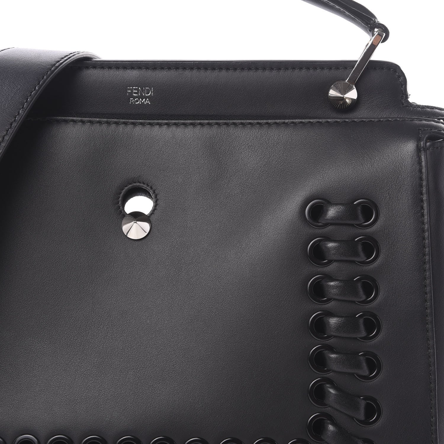 Fendi Vitello Baltico Dolce Shiny Nappa Lace Up DotCom Satchel Black Blue 9 of 12