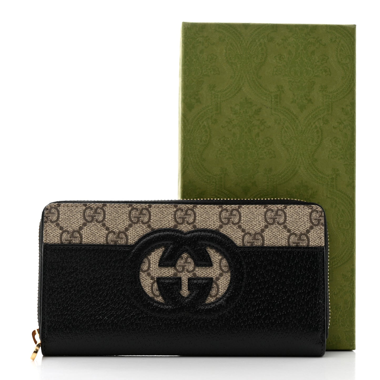 GG Supreme Monogram Textured Dollar Calfskin New Basket Zip Around Wallet Beige Ebony Black