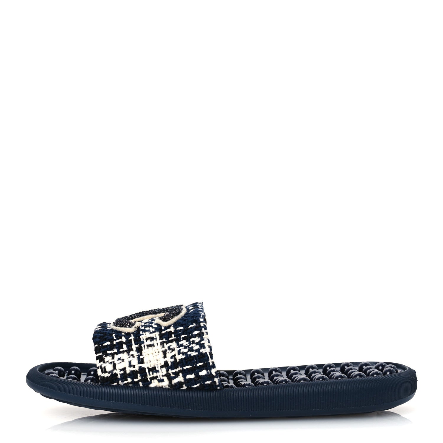 Chanel Tweed Rubber CC Flat Mules 40 Navy 1 of 10
