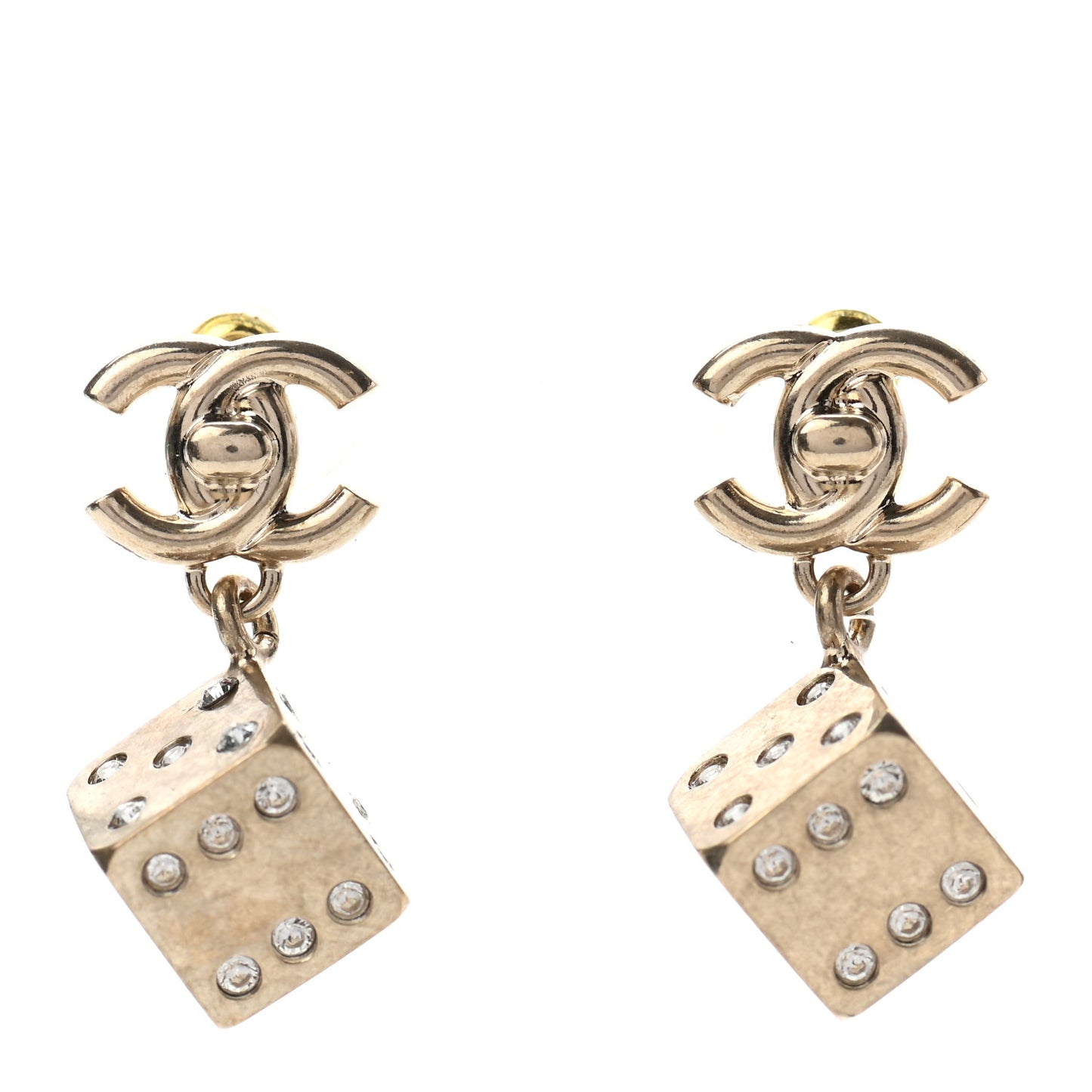 Crystal CC Turnlock Dice Drop Earrings Gold