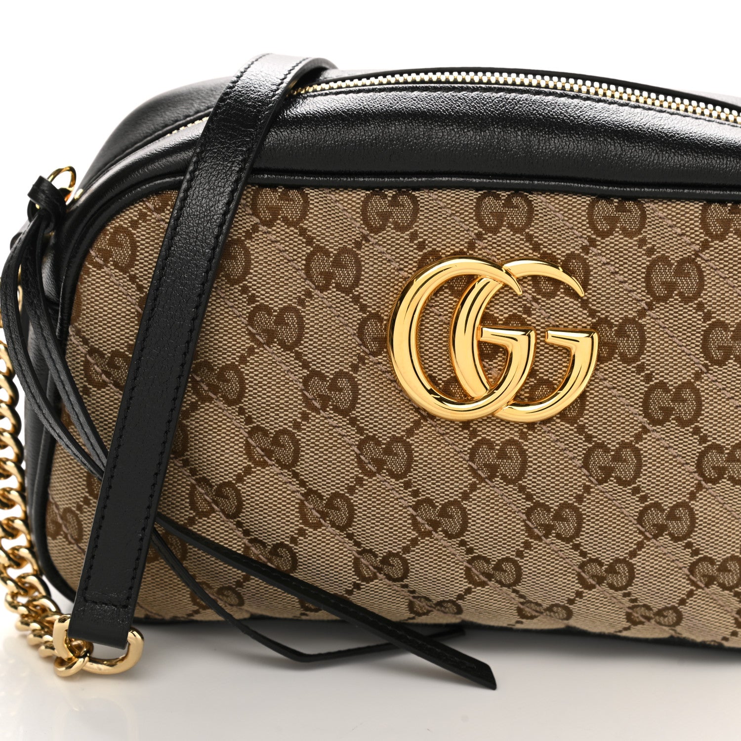 Gucci Monogram Matelasse Diagonal Small GG Marmont Chain Shoulder Bag Beige Black 9 of 12