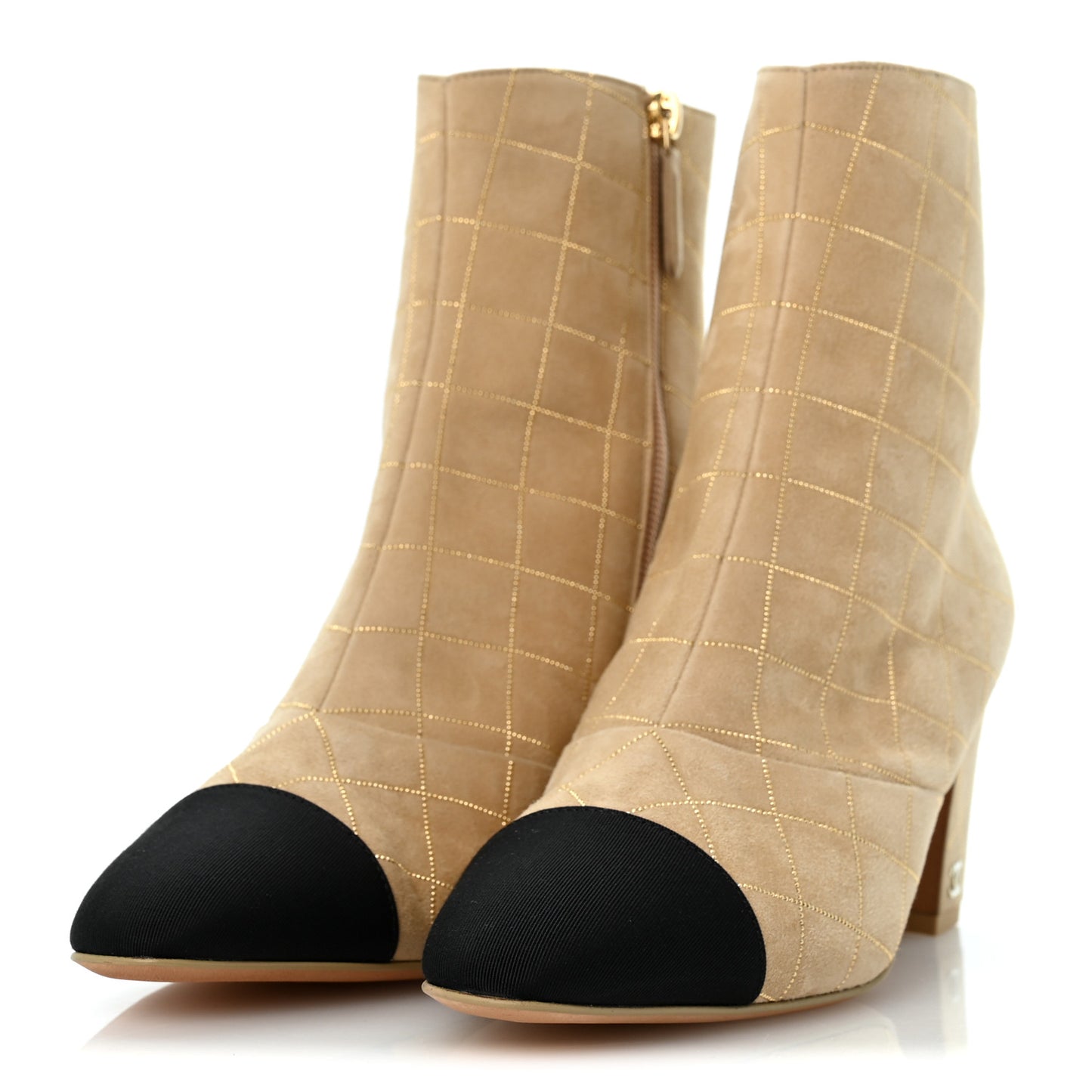 Suede Goatskin Grosgrain Quilted Cap Toe Short Boots 38 Beige Golden Black