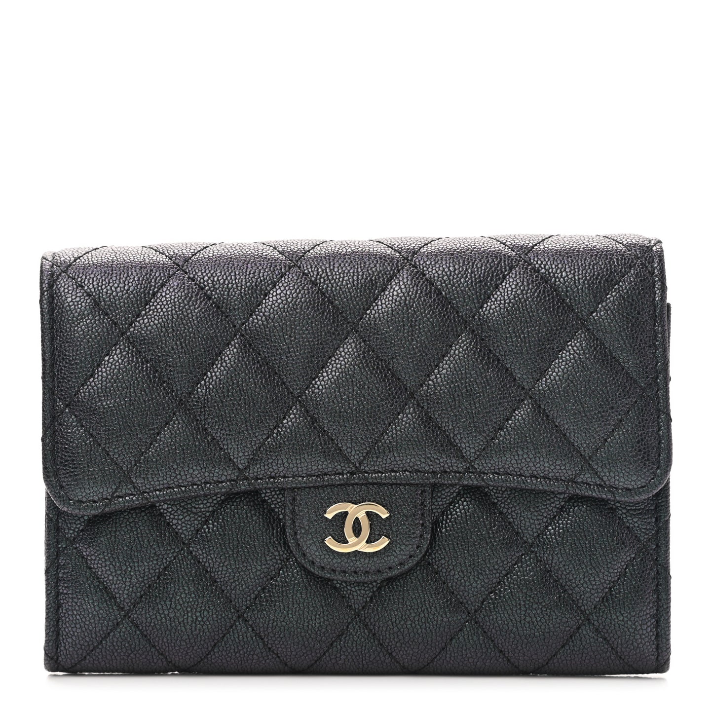 Iridescent Caviar Quilted Medium Flap Wallet Black