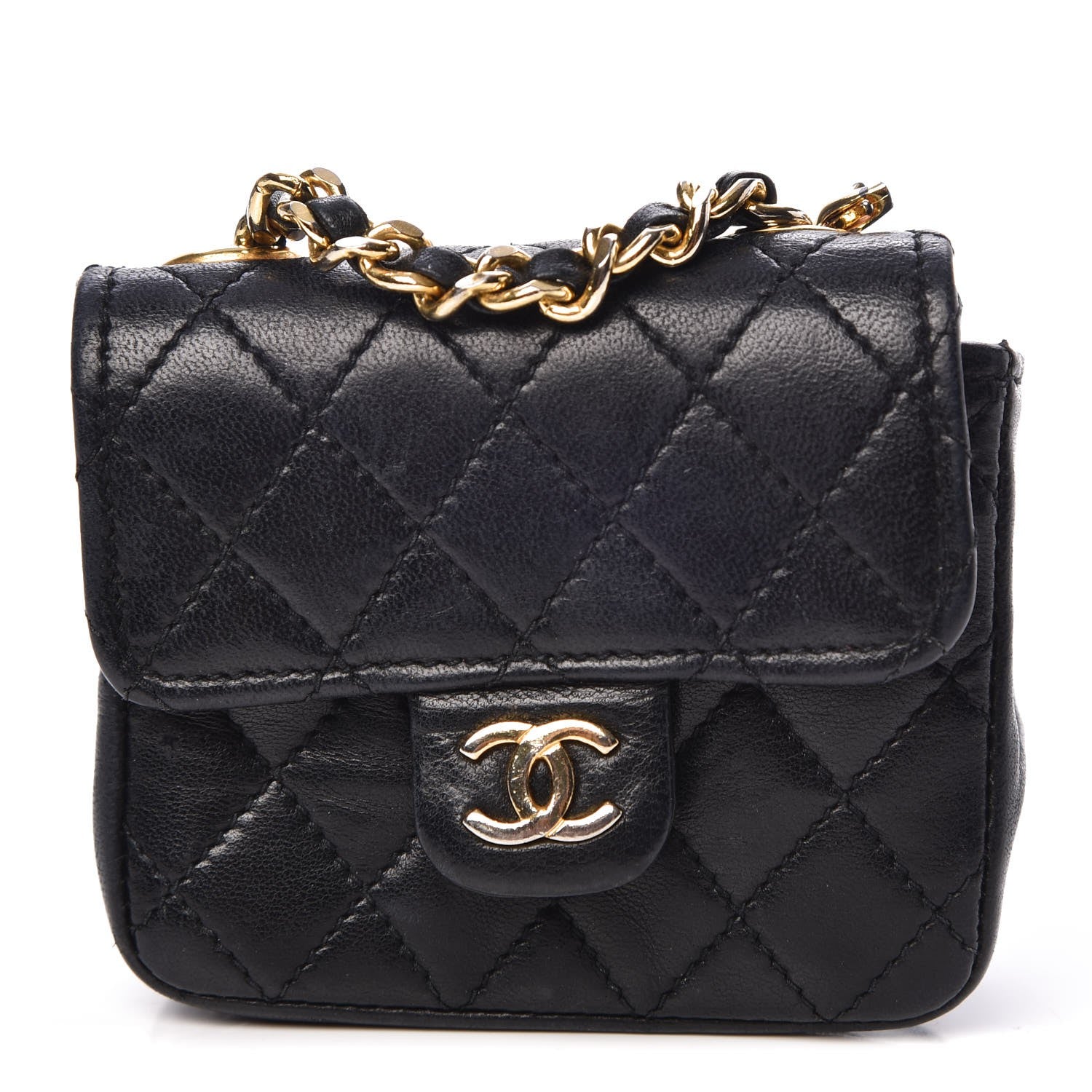 Chanel Calfskin Quilted Mini Pouch Bag Charm Keychain Black 1 of 12