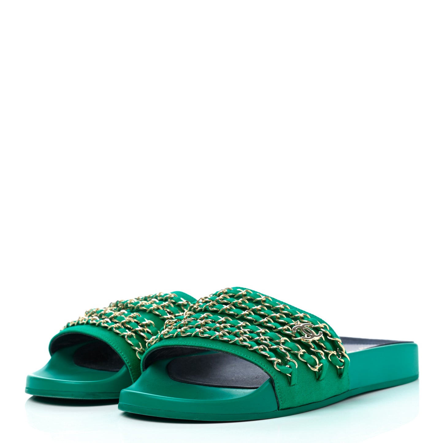 Satin Canvas Chain Slides Flat Sandals 40 Green