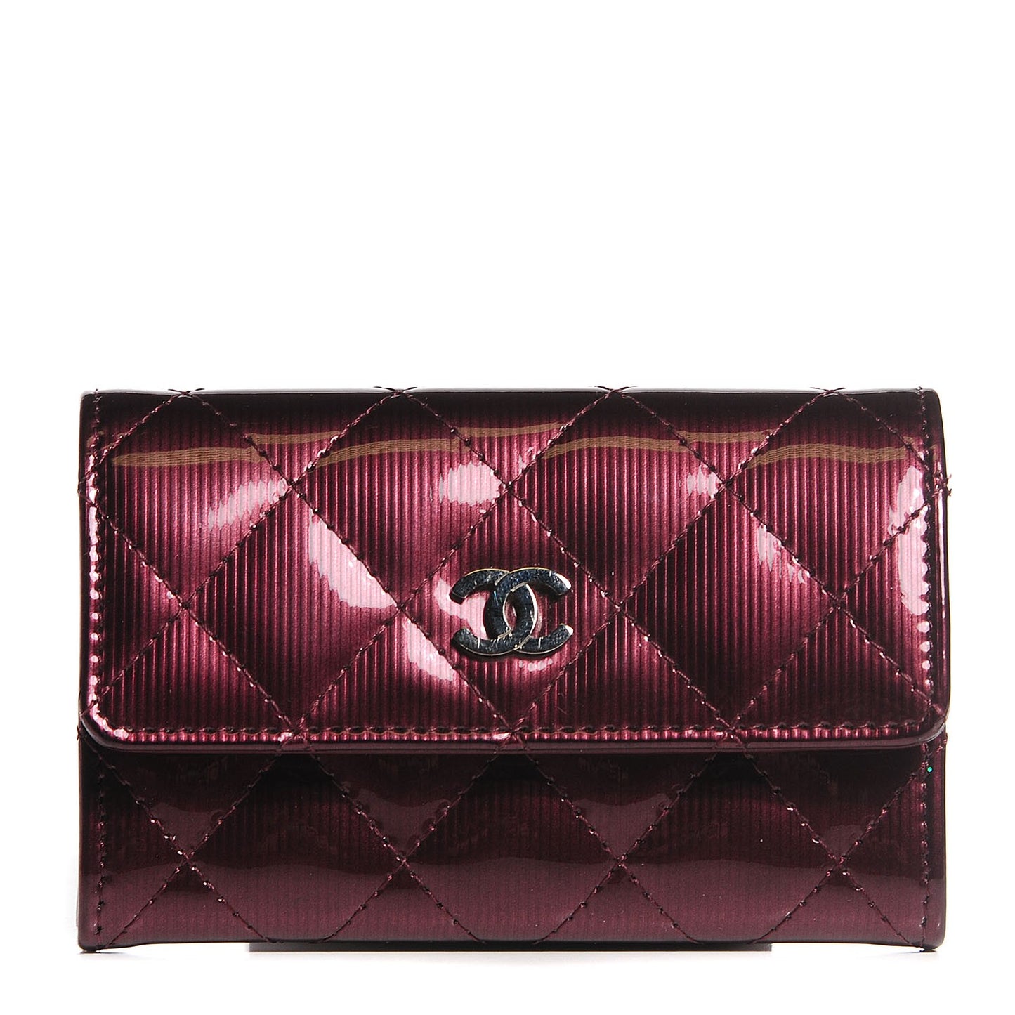 Striated Patent Quilted Card Holder Burgundy