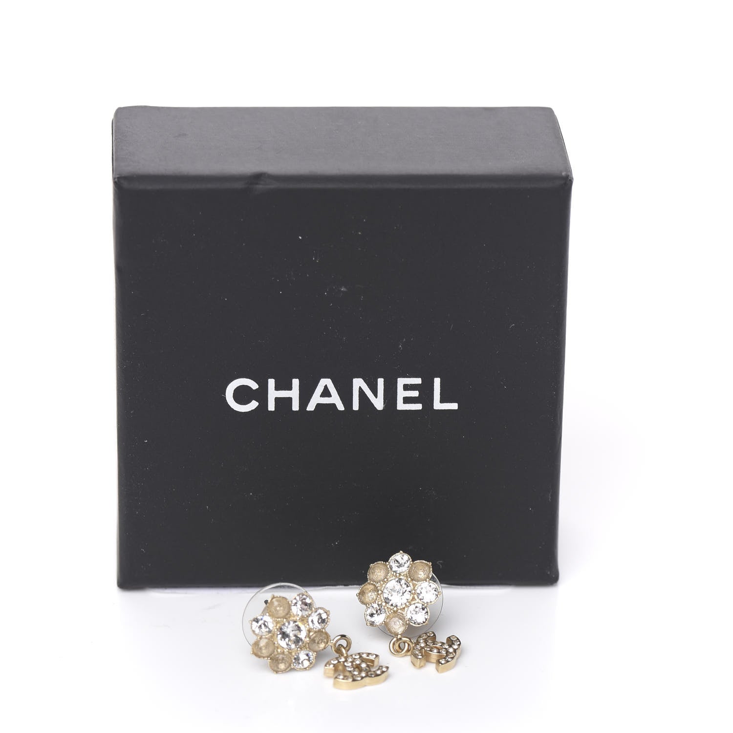 Chanel Crystal CC Flower Dangle Earrings Gold Beige 5 of 5