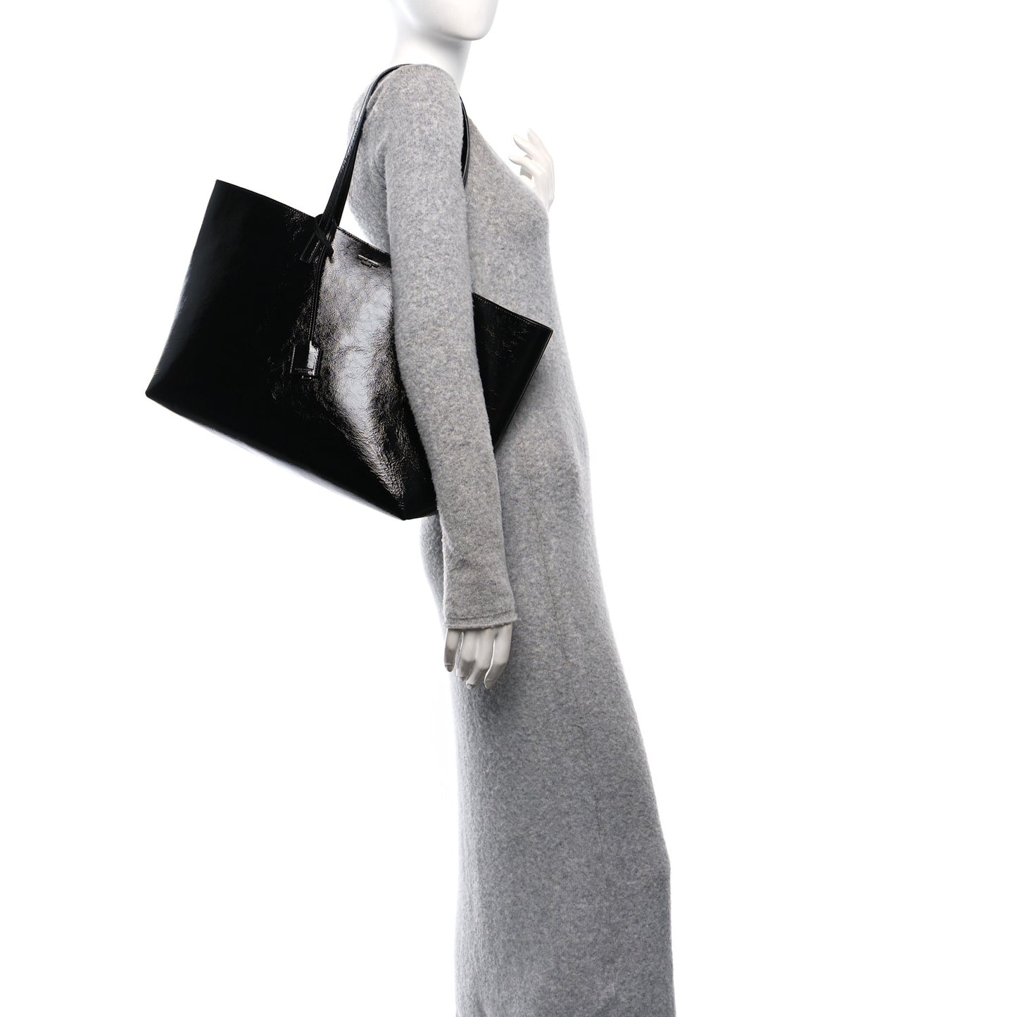 Textured Patent Large Shopping Tote Black